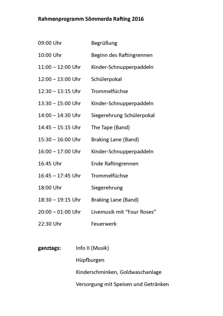 Rahmenprogramm Sömmerda Rafting 2016